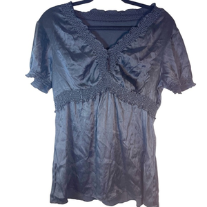 BCBG-Black Silk V-Neck Blouse with ruffle detail‎
